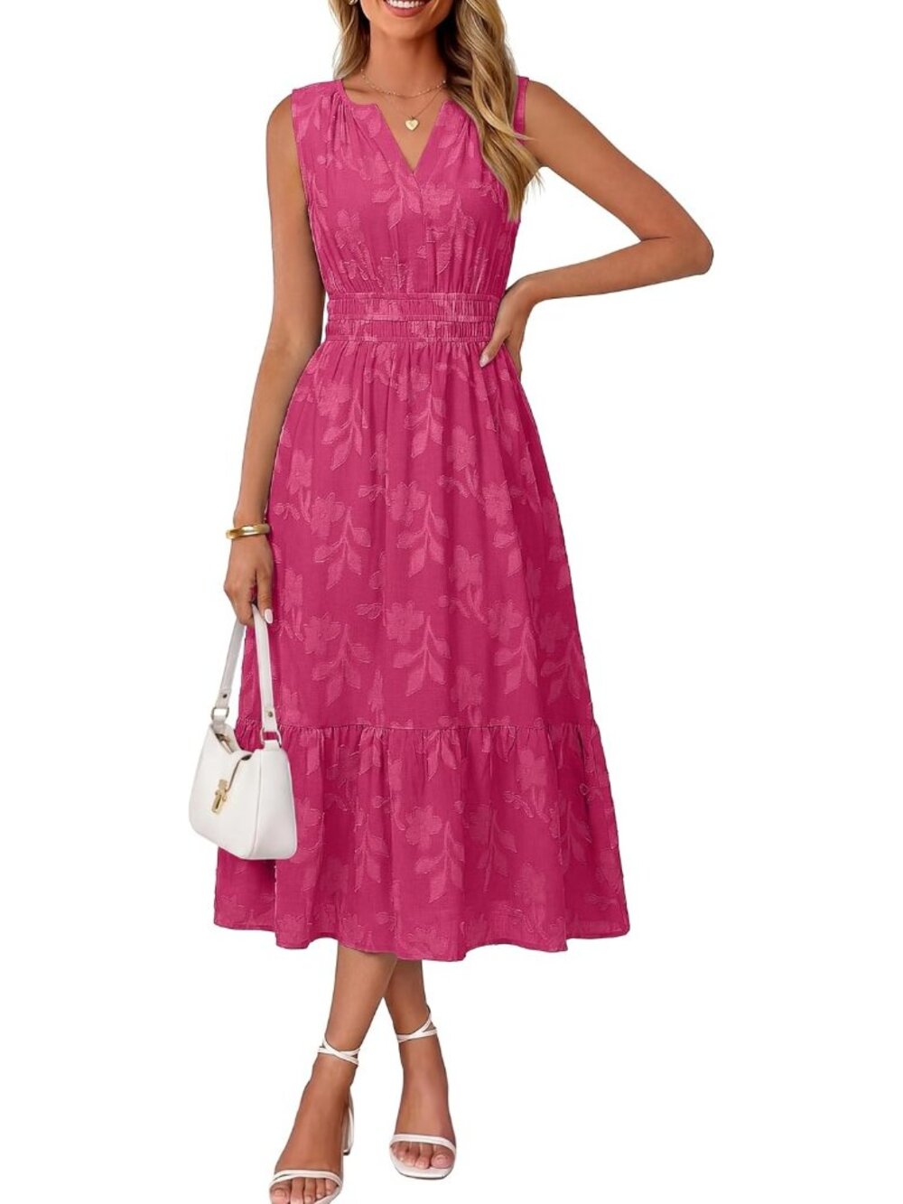 Women's Rose Pink Sleeveless V Neck A LINE Floral Casual Imported Maxi Dress